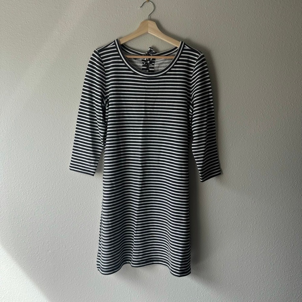 Talbots Womens Black White Striped Knit Dress Lace Up‎ Back 3/4 Sleeve Size M